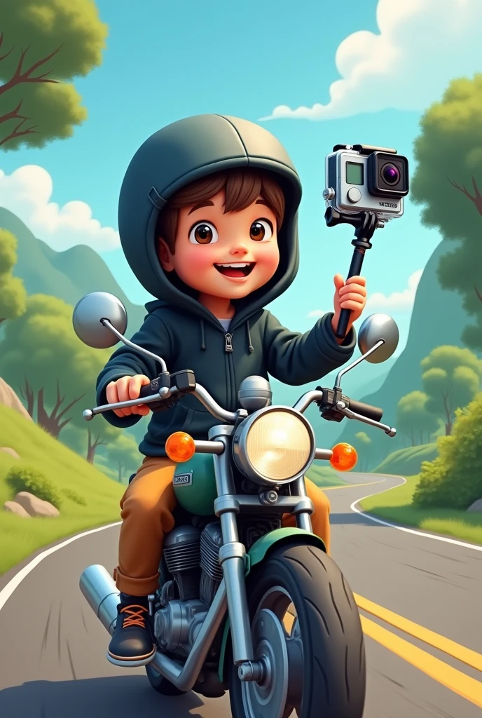 A cartoon traveler boy sitting on the motorcycle view with the gopro with the selfie stick with the free road by wearing black hoodie with in the nature. 