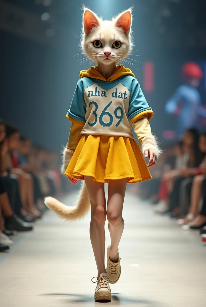 Full body photo of girl with cat face, she wears yellow white and blue dress, She is walking the catwalk in a youthful style outfit., charming, on the costume there is the words Nha Dat 369 . 