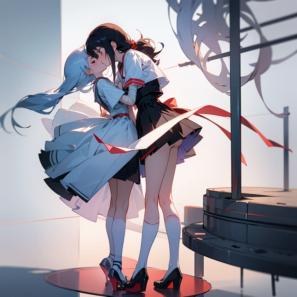 2 human kissing, 20 years old, standing on a circular platform. the first girl has white underwear and bandages. the second girl has red underwear and wear a black skirt. both have heeled open shoes. scene from side. anime art white background.