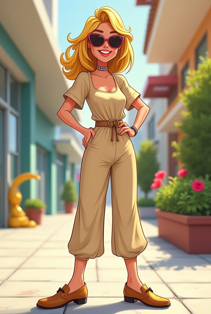 Blonde woman cartoon, 1,55m high, 70 kilos in weight, with beige jumpsuit, with sunglasses, with your hand on your waist, sidewalk with golden shoe. Without any background.