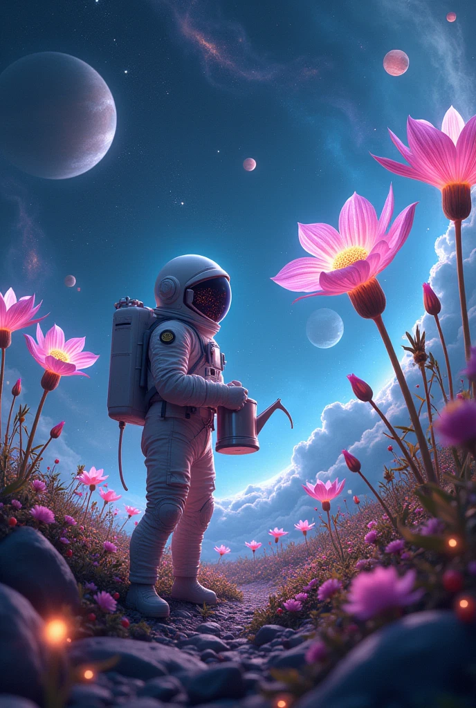 "In the vastness of deep space, a surreal cosmic garden floats, where enormous, bioluminescent flowers with petals made of stardust bloom amidst floating asteroids. However, these flowers aren't just glowing—they're also giggling, each one chuckling in soft hues of blues, purples, and pinks as they sway to an unseen cosmic joke. The stems of the plants are translucent, pulsing with the light of distant galaxies, but every now and then, they wink mischievously. Tiny planets and moons orbit around the larger flowers like dizzy bees, occasionally bumping into each other and causing a playful cosmic domino effect. The background is a vast, starry void with swirling nebulas in the distance, but even the stars seem to twinkle with laughter. A lone astronaut, clad in a comically oversized spacesuit, tends to the garden with exaggerated futuristic tools—like a watering can that sprays glitter and a pair of giant space shears. As the astronaut works, the flowers tease by growing just out of reach, adding a sense of playful mischief to the scene. The entire garden is bathed in a faint, ethereal glow that seems to hum with cosmic joy, making the scene as hilarious as it is otherworldly."
