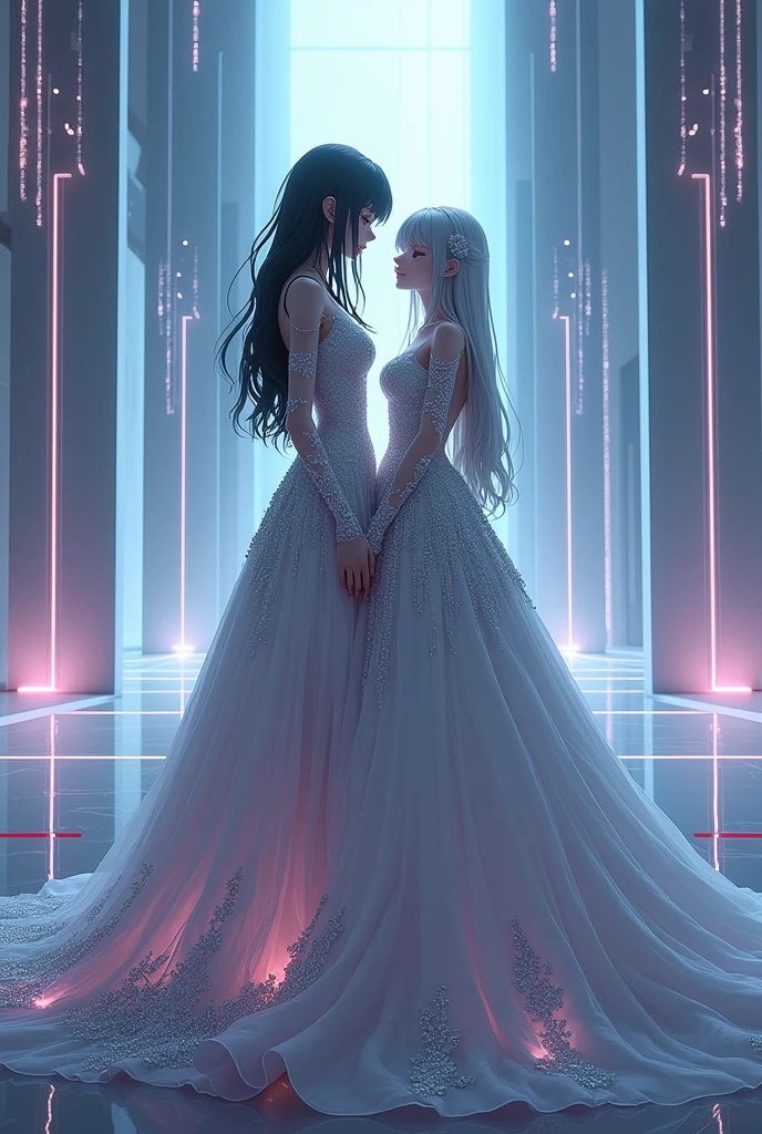 Sanakan and Cibo from Blame! in wedding dresses), (sci-fi theme), with jet-black hair, with striking silver hair, futuristic setting, glowing accents, ethereal atmosphere, intricate details on dresses, soft yet vibrant light illuminating from above, intimate and romantic vibe, high detail, ultra-detailed, cinematic quality, emotionally charged scene.