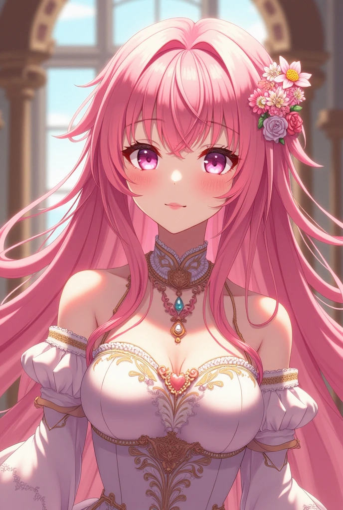 Create an female anime character using this name:
8. Sister - Princess Grace Blackwood (Gracie)
(Her eyes are pink, her hair is pitched Pink, her style resembles of tenderness, caring, sympathetic, sensitive, emotional, compassion, sweet, youthful, hope, inspiration, feminine, extroversion, encouragement, and love).
Make them more mature and majestic appeal.