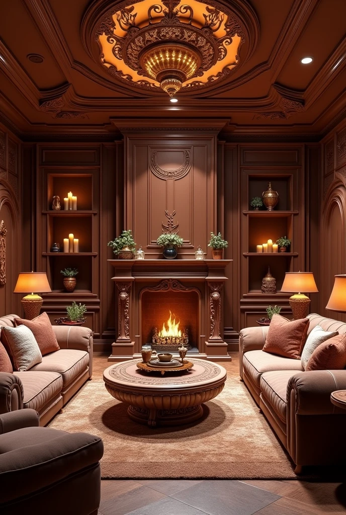 absurderes, high resolution, ultra detaild, HDR, Masterpiece artwork, best qualityer, ultra realisitic, living room made of chocolate, furniture made of chocolate, chocolate world, without person, no animals, place lit with chocolate light