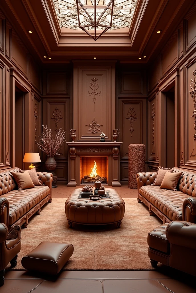absurderes, high resolution, ultra detaild, HDR, Masterpiece artwork, best qualityer, ultra realisitic, living room made of chocolate, furniture made of chocolate, chocolate world, without person, no animals, place lit with chocolate light