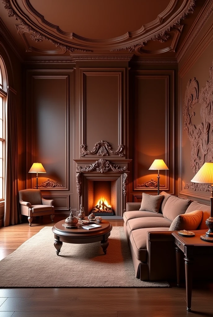absurderes, high resolution, ultra detaild, HDR, Masterpiece artwork, best qualityer, ultra realisitic, living room made of chocolate, furniture made of chocolate, chocolate world, without person, no animals, place lit with chocolate light