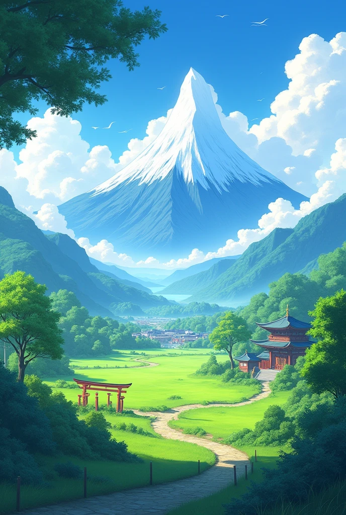 Create an anime-style landscape scene where towering, majestic mountains are visible in the far distance, resembling gigantic white clouds. The mountains dominate the horizon, their peaks shrouded in mist and appearing almost ethereal against the sky. The viewpoint is from another kingdom's lush, green fields, with a few traditional Japanese structures like wooden houses and torii gates in the foreground. The sky is bright with soft, warm sunlight, casting a serene glow over the scene, enhancing the mystical aura of the distant mountains. The overall atmosphere should evoke a sense of awe and wonder, blending realism with the fantasy elements of a Japanese anime aesthetic.