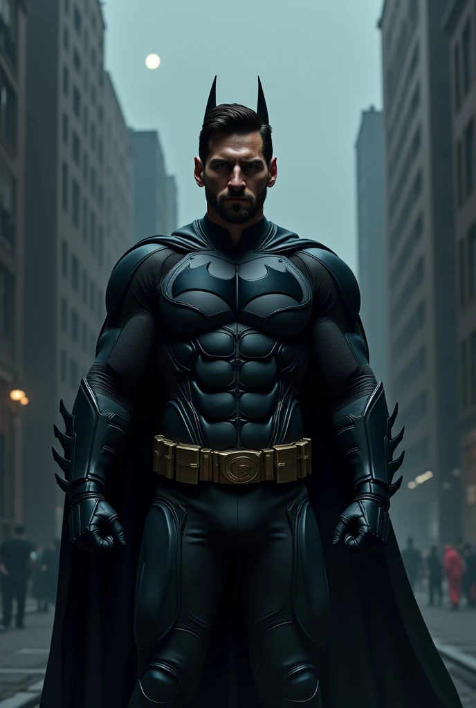 Messi as a batman wearing no mask.