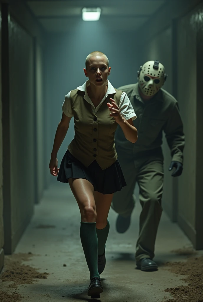 ((Highest quality)), ((masterpiece)), (horror movie posters:1.5), ((Jason)), (Shaved woman), (Motion Blur:1.1), ((逃げるJasonを後ろから追いかける筋肉質な坊主のグレーの女性のハト)), グレーのShaved womanのハトがOff-white short-sleeved collared shirtに薄茶色のベストを着てひざ丈の黒いスカートに短い濃い緑の靴下と黒の靴を履いている, Photorealistic images, (Off-white short-sleeved collared shirt),
