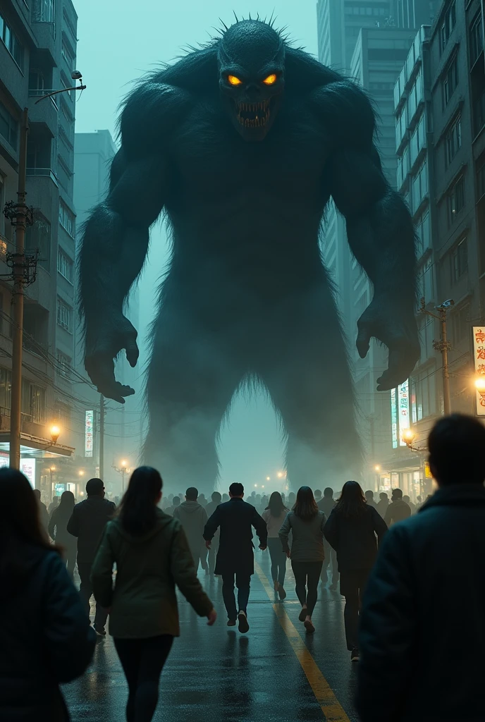 Tokyo、30 people are running away from a large black man-like monster、The monster's eyes glow yellow.、The monster bends down and peers at the man.、Dynamic pose、Horror、Late Night、Very dark、Everyone is running as fast as they can towards the camera.、Fearful expression、Photographed from below、Cinematic lighting、Cinematic Angles