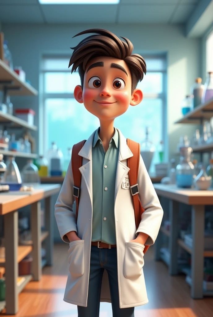 young man in pixar style with his laboratory uniform and a backpack and behind him a science laboratory with science objects
Comentarios
También se buscó