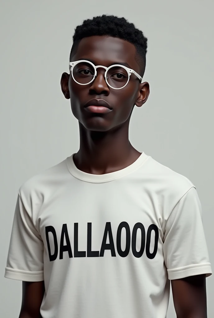 Creates the image of a young man with a brush-cut hairstyle and dark skin wearing circle-style glasses , and he&#39;s wearing a t-shirt that says DALLA0000 in capital letters 