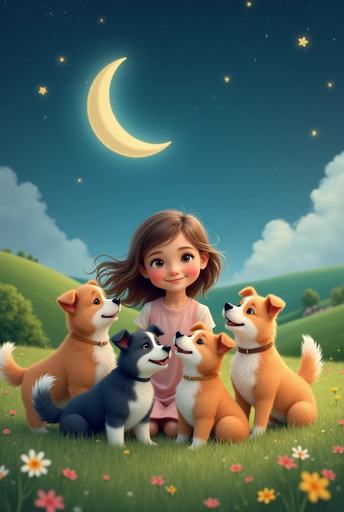 A girl playing with 3 dogs with moon in sky