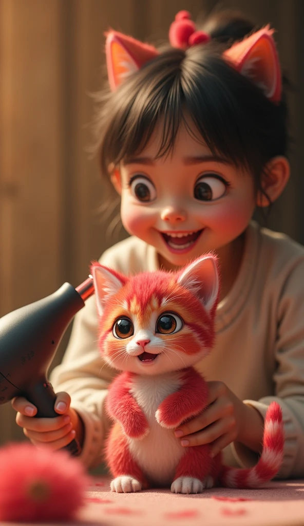 A person holds a small kitten with red stripes resembling a dragon fruit while using a hairdryer. The kitten has large, expressive eyes, and its fur is playfully styled. The background features a blurred wooden surface, adding warmth to the scene. The person appears amused, showcasing a unique and whimsical moment with their pet.