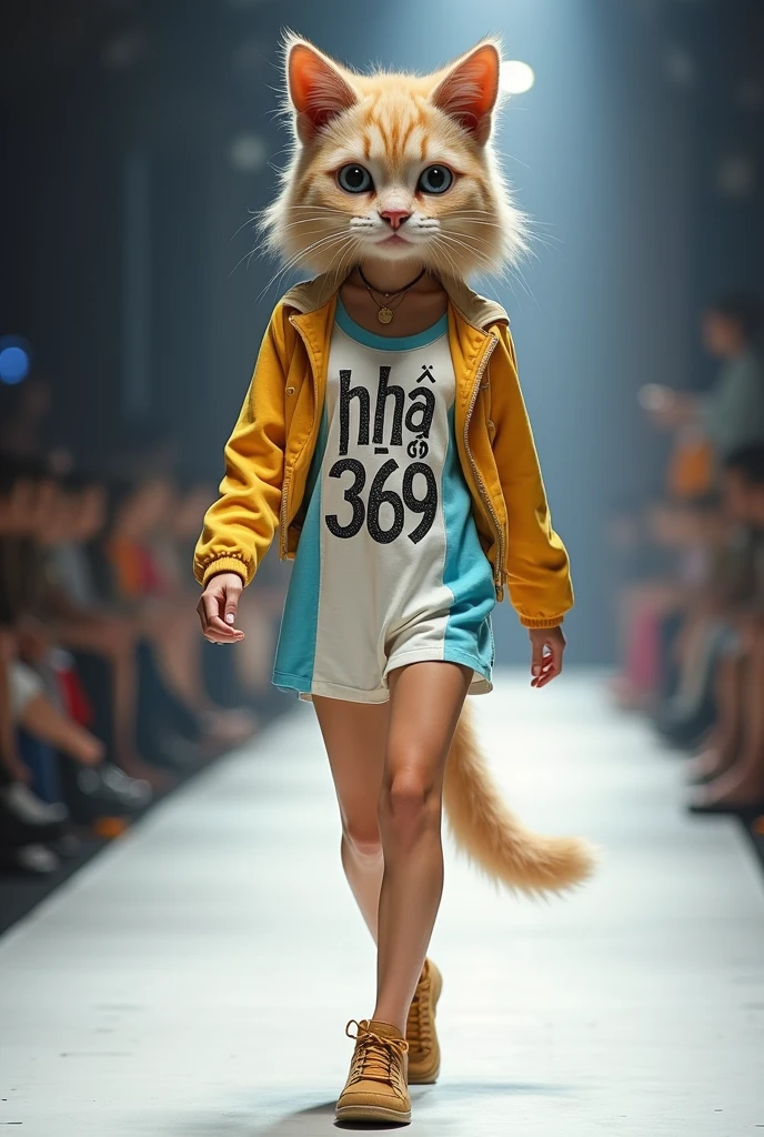 Full body photo of girl with cat face, she wears yellow white and blue dress, She is walking the catwalk in a youthful style outfit., charming, on the costume there is the words Nha Dat 369 . 