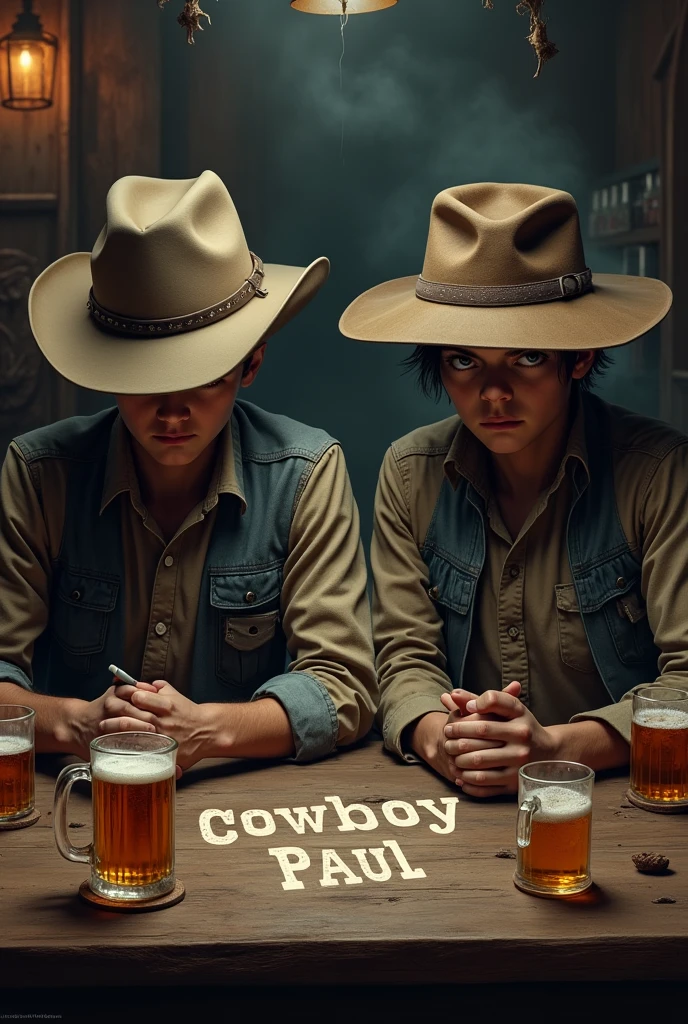 Two young cowboys sitting at a bar table with their hats covering their faces while the table is full of drinks with the words cowboy paul written on it