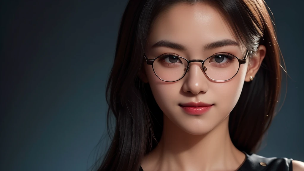 A 16k realistic portrait masterpiece, realistic soft detail lines, highest resolution, every detail, meticulousness, depth of field, bright colors, beautiful composition: a teenage girl (wearing rimmed glasses, no top rim) smiling happily, light makeup with black hair and beautiful innocent detailed eyes, standing on a dark and ominous scene. Sexy silk dress, medium breasts.