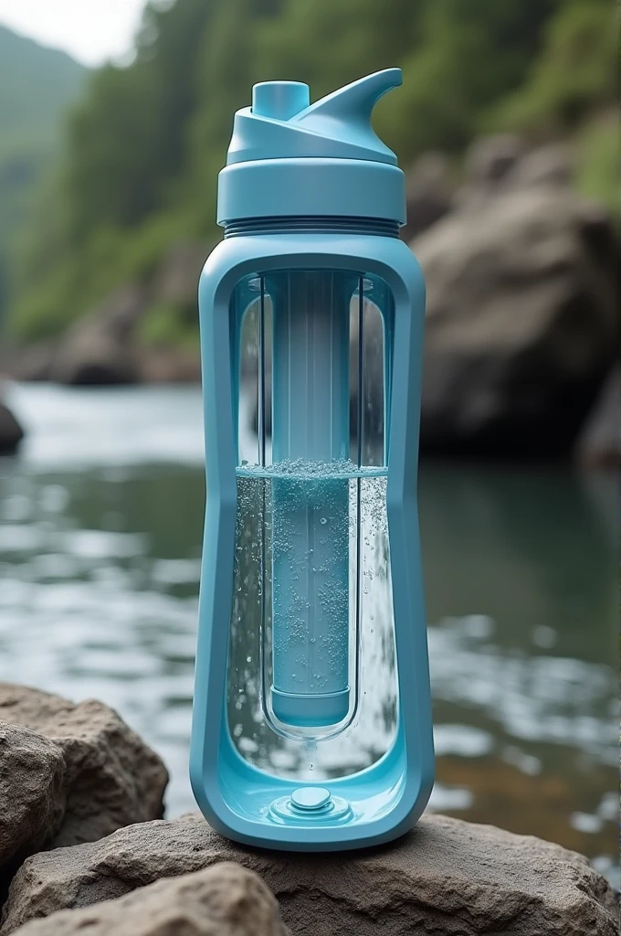 Make me images of what a pilot model of a bottle that filters contaminated water from rivers due to mining would look like