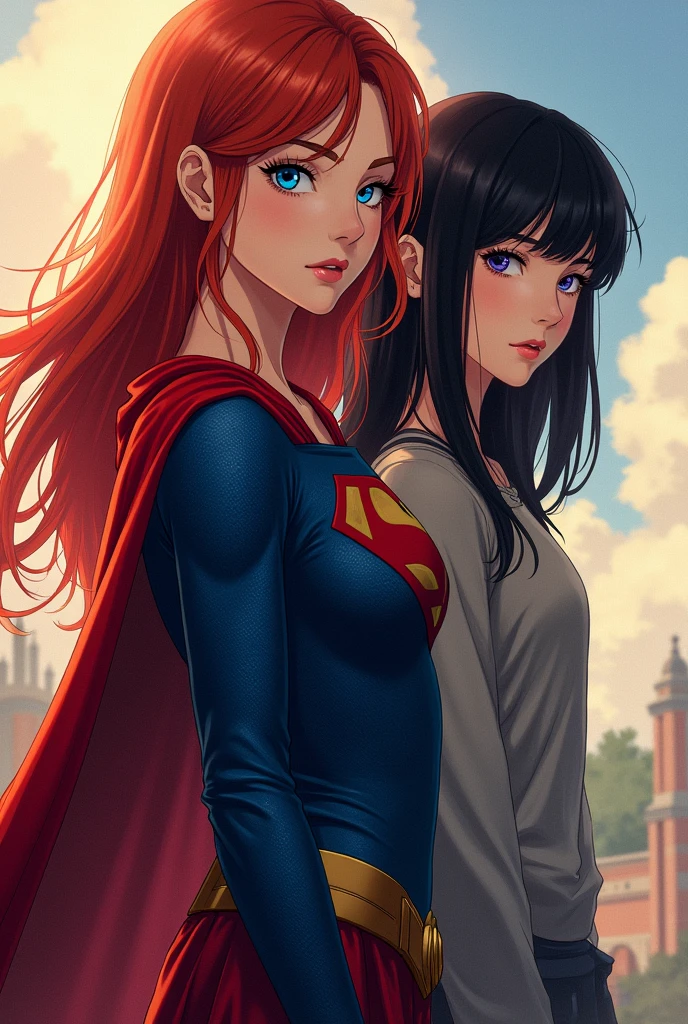 Create a cover for a story called Between the End and Hope with the main character Alex Danvers with red hair from Supergirl with a girl with black hair and blue eyes in anime style