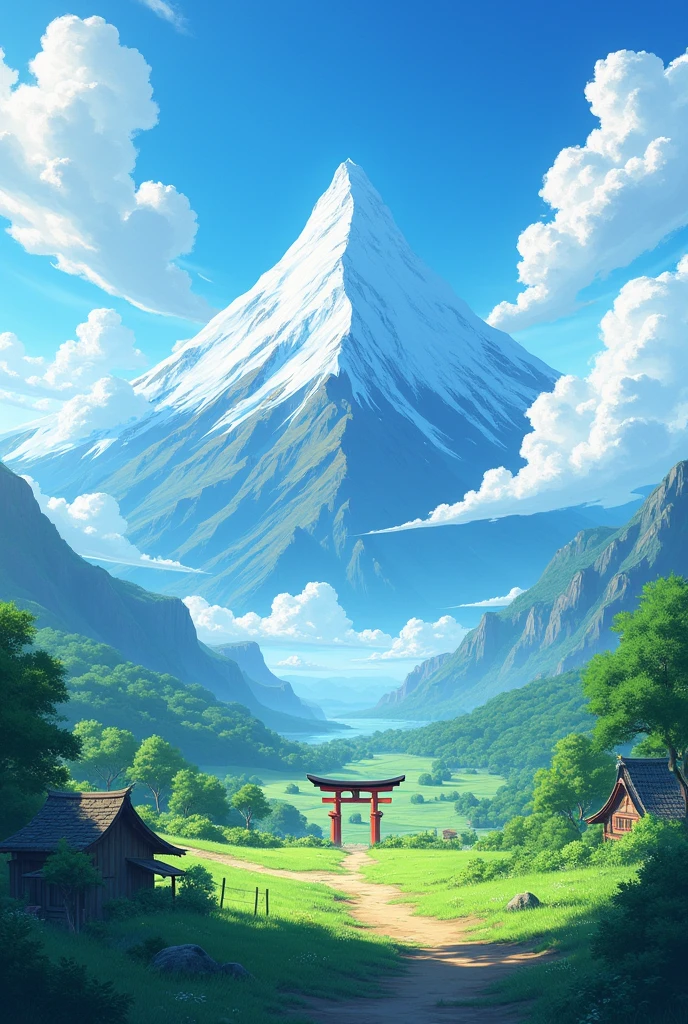 Create an anime-style landscape scene where towering, majestic mountains are visible in the far distance, resembling gigantic white clouds. The mountains dominate the horizon, their peaks shrouded in mist and appearing almost ethereal against the sky. The viewpoint is from another kingdom's lush, green fields, with a few traditional Japanese structures like wooden houses and torii gates in the foreground. The sky is bright with soft, warm sunlight, casting a serene glow over the scene, enhancing the mystical aura of the distant mountains. The overall atmosphere should evoke a sense of awe and wonder, blending realism with the fantasy elements of a Japanese anime aesthetic.