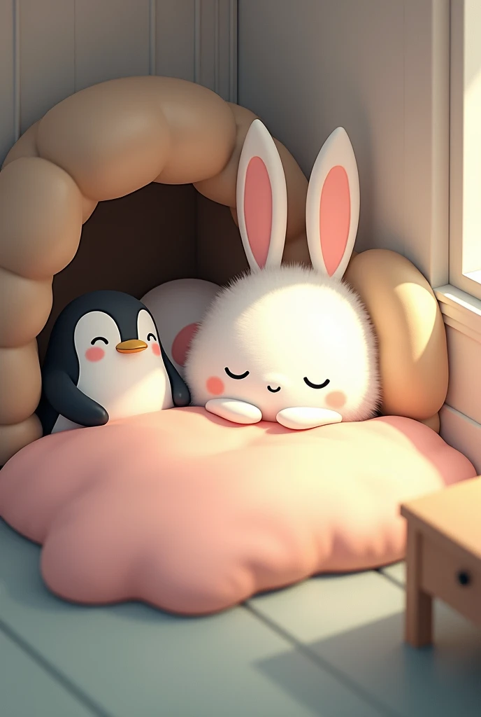 A white rabbit lay down in the bed small fainted penguin in his cave 