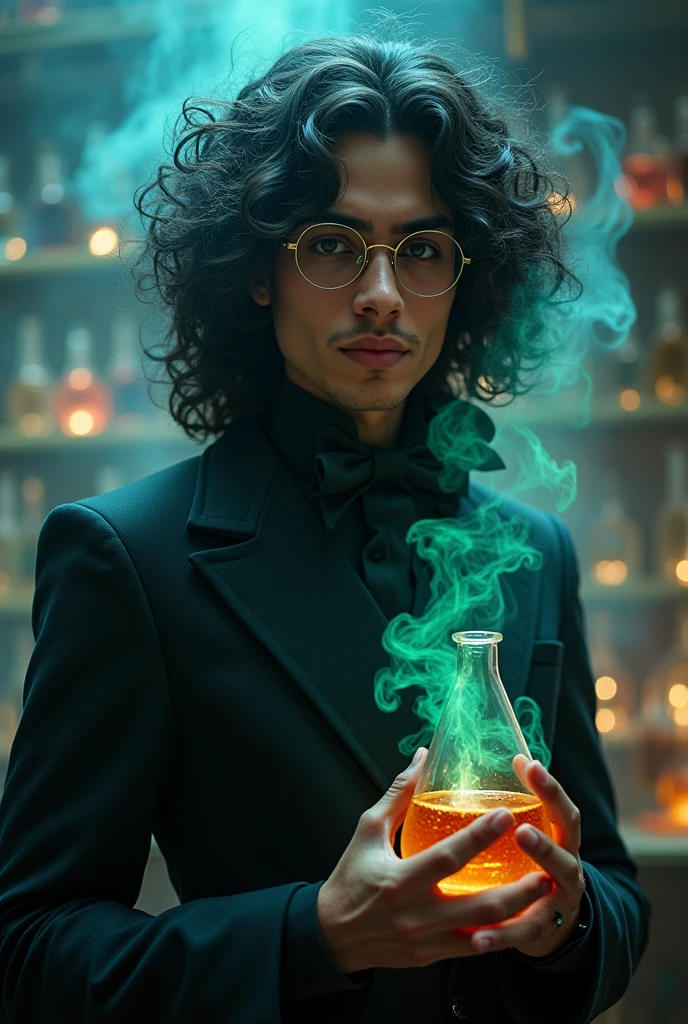 A potrait of a bisexual 1 teen male genius alchemist poet of indian-europian ethnicity with no facial hair with glasses and lush long fuzzy puffy hair that reaches his shoulders like newton holding a chemical flask  wearing a flamboyant androgynous black dress like French royalty like Maleficent like a drag queen in a laboratory with brown hazel eyes and a mysterious curious look in a dark magical gothic atmosphere having chemistry magic engulfing him