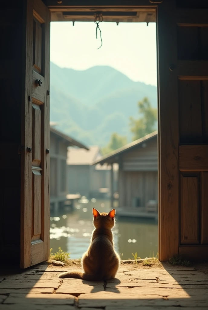 (Photorealism 1.2) high detailed definition cinematic cinematography white black with kittencat sit at middle of the door looks outside background Malay Kampong village morning mode mountain lake old rusty wood house sunlight silhouette smoke effect