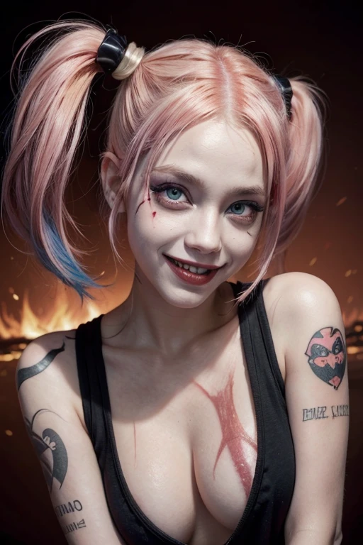 harley quinn. white and pink hair. tattooed. smiling. makeup smeared. Red background. Red eyes. fire behind