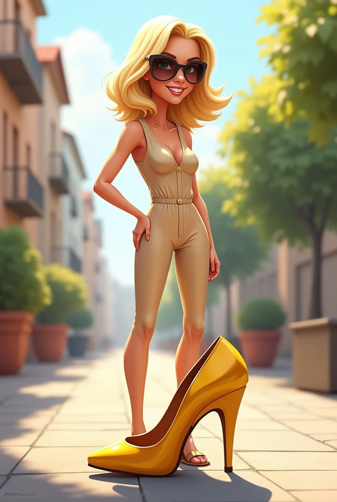 Blonde woman cartoon, 1,55m high, 70 kilos in weight, with beige jumpsuit, with sunglasses, with his right hand on his waist, sidewalk with golden shoe.