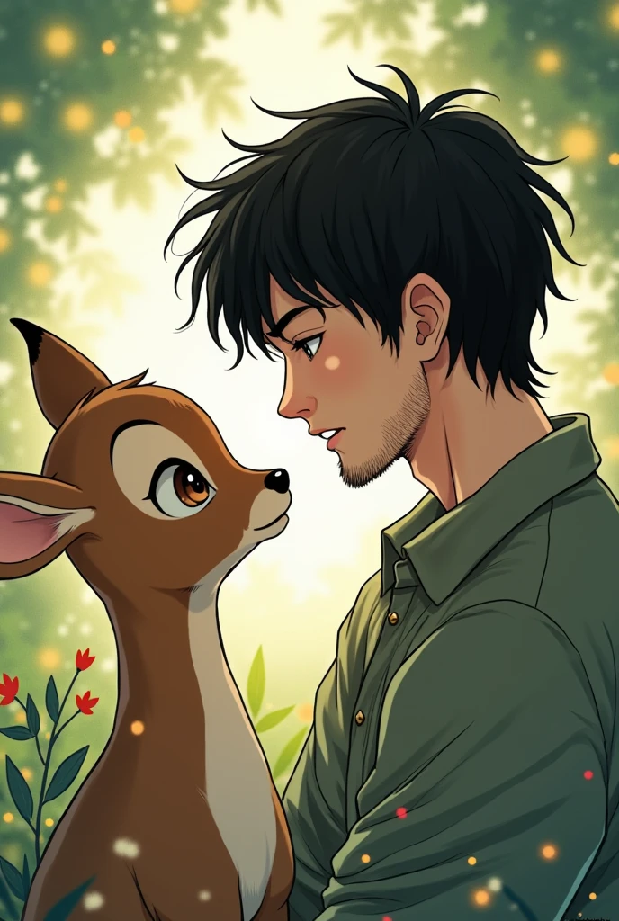 Manga 20 year old white man with black hair and unshaven in love with a doe