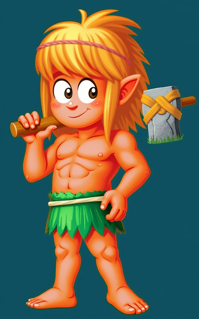 a young blond teenage caveman, realistic, posing with his stone axe , he wears only a sort of skirt made of palm leaves
