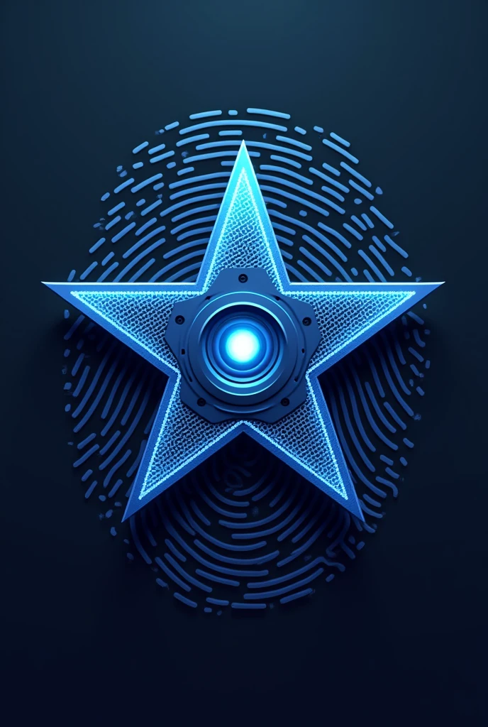 5-pointed star logo with pronounced fingerprint background, In the center a security camera lens, and 2d