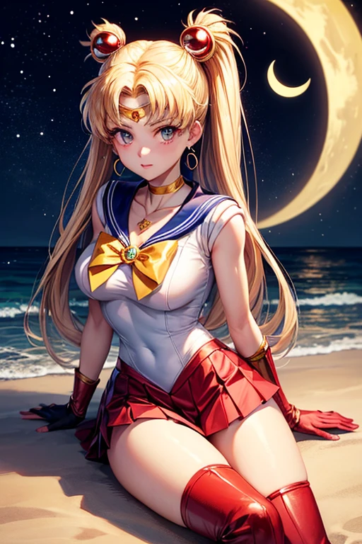 Sailor Moon on the beach in a slightly suggestive position dressed in Uniform: Sailor Moon wears a distinctive sailor suit. The top is a white fitted body with a large red bow on the chest.. The bow has a golden circular jewel in the center.
sailor collar: His uniform includes a dark blue sailor collar., with three thin horizontal white lines on the edges.
pleated skirt: Sailor Moon wears a short skirt, pleated and dark blue, reaching mid-thigh.
Back Bow: At the back of the waist, There is a big red bow that complements the skirt.
gloves: Her gloves are long and white., covering the entire forearm almost to the elbow. They have red edges on the top.
Boots: She wears red boots that reach just below the knee.. The boots have a gold crescent moon on the top.
diadem: On his forehead, She wears a golden headband with a red jewel in the center..
Earrings and Accessories: Wear gold crescent moon earrings, and around her neck she wears a red necklace with a golden jewel.
hair: Sailor Moon has long blonde hair tied into two high pigtails shaped like an odango. (round bows at the base), that fall to their ankles