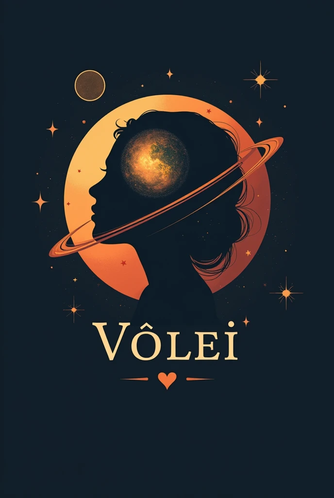a logo with centralized writing PLANET with a capital letter and VÔLEI with a lowercase letter, written with planet being the name highlighted in the logo 

be minimalist 

with planet elements, the shadow of a woman making a headline, a radiant star, a simple contemporary art background
