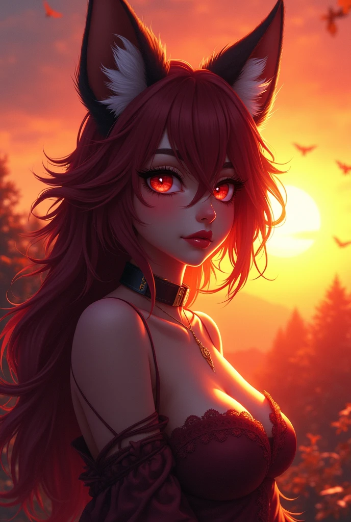 sensual gorgeous Fursona girl , colorful vivid, expresive beautiful eyes, with the sun setting in the background. Roxy Paine Loish , Anne Bachelier portrait style,intricate, highly detailed