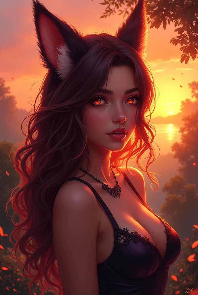 sensual gorgeous Fursona girl , colorful vivid, expresive beautiful eyes, with the sun setting in the background. Roxy Paine Loish , Anne Bachelier portrait style,intricate, highly detailed