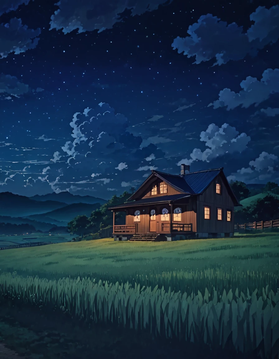 Ghibli style cabin in the distance serene night shimmering countryside clouds calm atmosphere cozy de-stressing shadows!!! 8KHDR!!!!