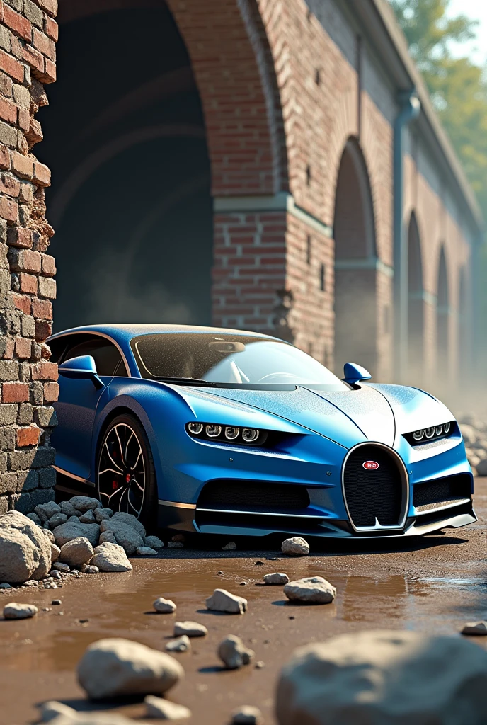 bugatti chiron half car inside wall 
broken 
 a wall of old bricks and concrete spraying debris on the ground and in the air