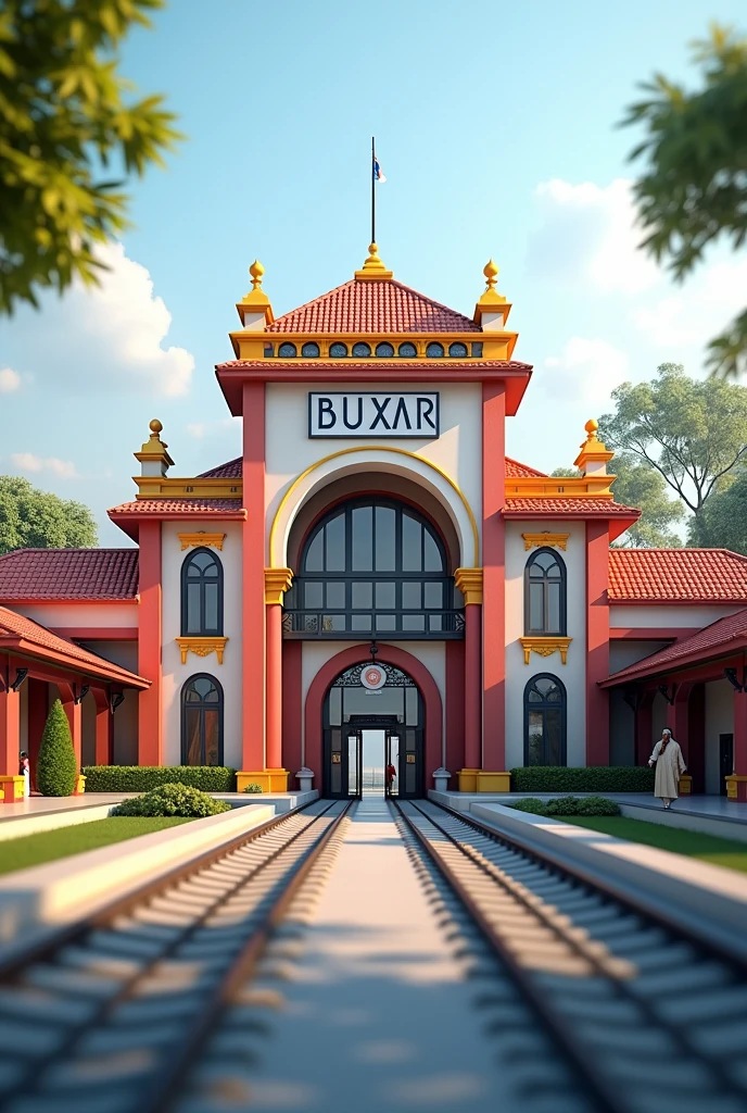 "Design a 3D model of a beautiful railway station named 'Buxar.' The station should feature a large, prominent signboard displaying 'Buxar' in bold, legible letters. The architecture should combine traditional elements with modern touches, showcasing clean lines, well-maintained platforms, and intricate details. The environment is set during the day, with natural lighting that enhances the structure's vibrant colors. The surrounding area should include train tracks and a few passengers to bring the scene to life."