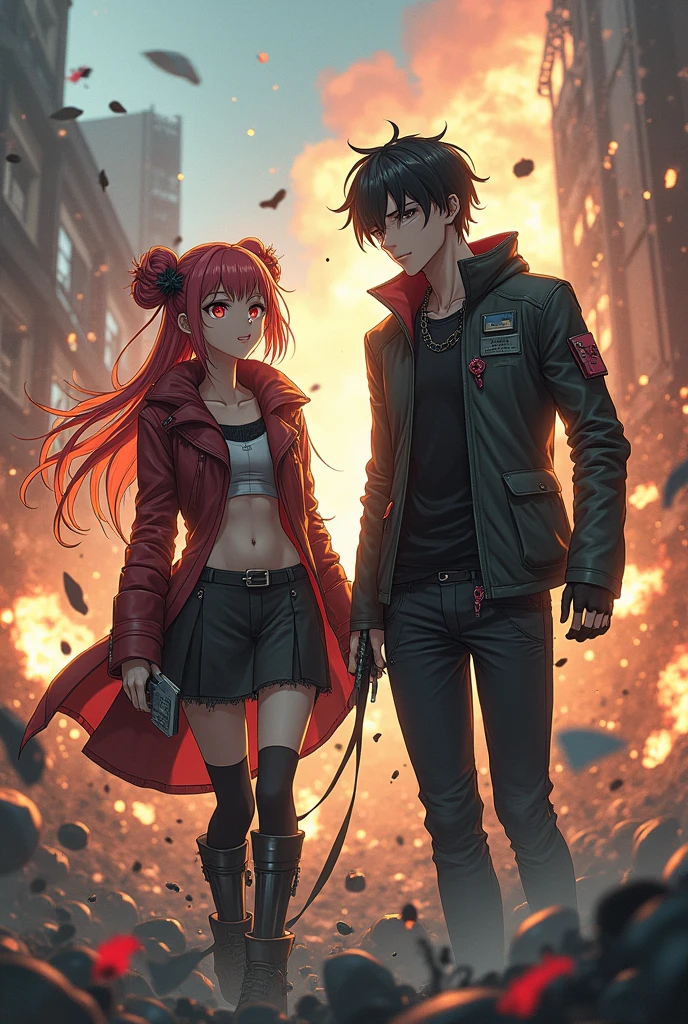 Anime Character Alternative Clothing 2 men 2 women Chaos Background Explosion