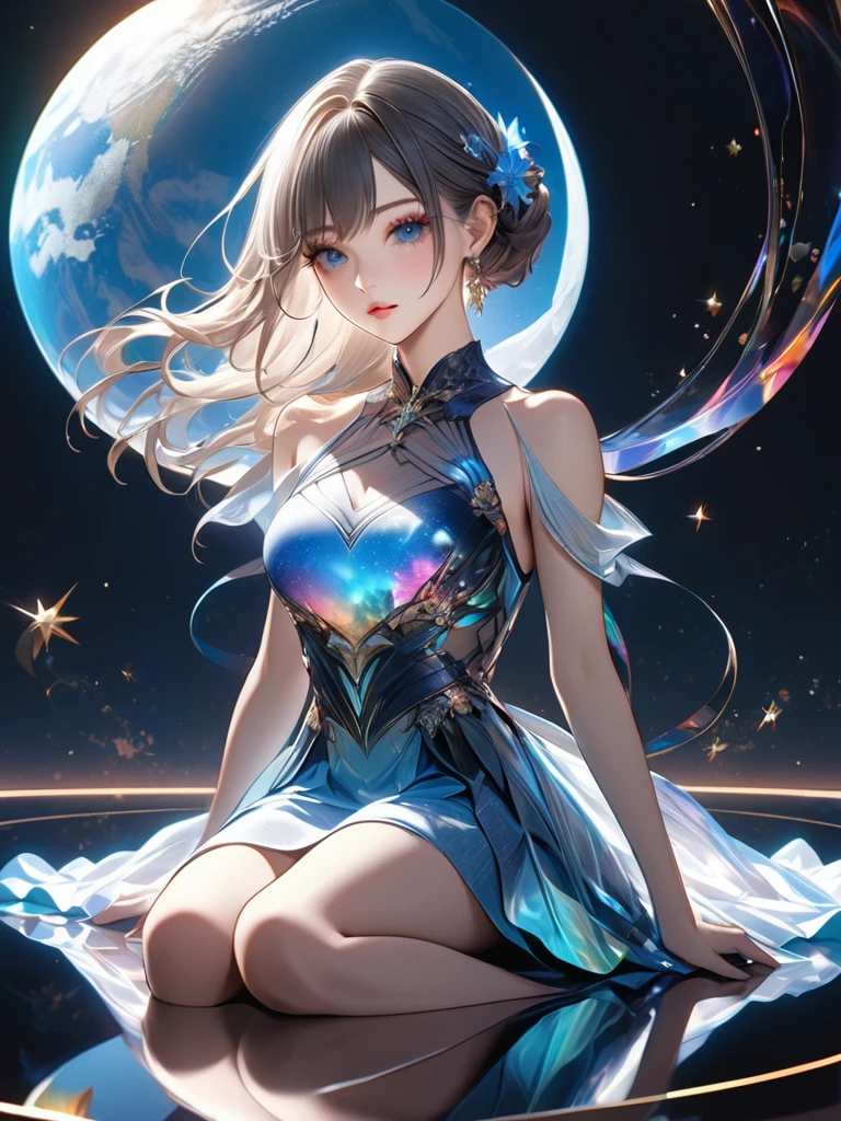An attractive girl sitting on the crescent, an aesthetic earth, transparent and aesthetically illuminating from within, ultra detailed, masterpiece, gorgeous minimalism, majestic and simple composition. Ultimate quality. artistic design, dark pop fantasy, holographic reflection, seamlessly blended moon, sophisticated aesthetics, flowing stars、High resolution, masterpiece, Anatomically correct, 最高quality, detail, 高いdetail, quality, 高quality, High-resolution model, Very detailed, Long eyelashes、Facial details