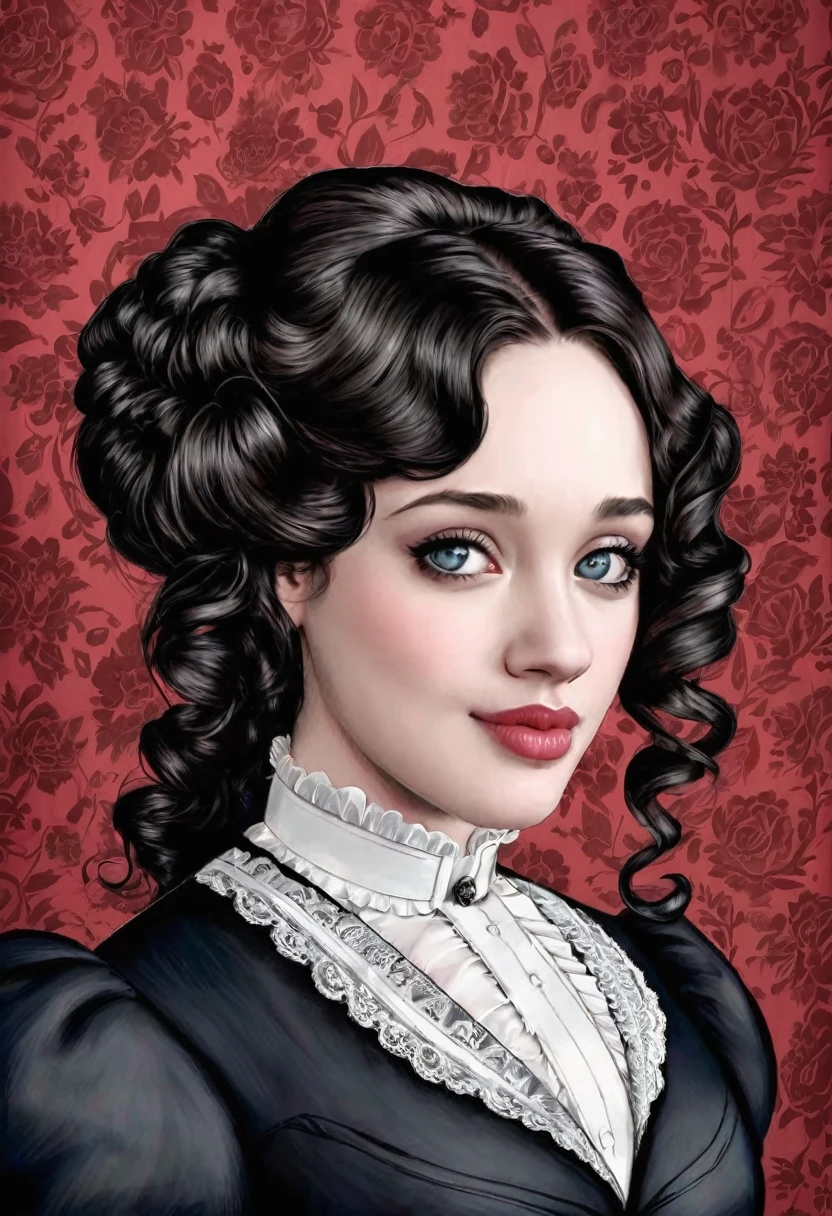 A pencil drawing of a young victorian governess, curly black hair. Kind and inteligent energy. Kat Dennings
