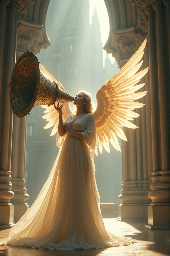 Generate images of an angelic being blowing a large medieval horn