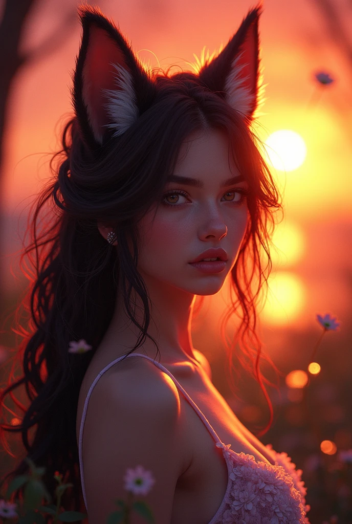 sensual gorgeous Fursona girl , colorful vivid, expresive beautiful eyes, with the sun setting in the background. Roxy Paine Loish , Anne Bachelier portrait style,intricate, highly detailed