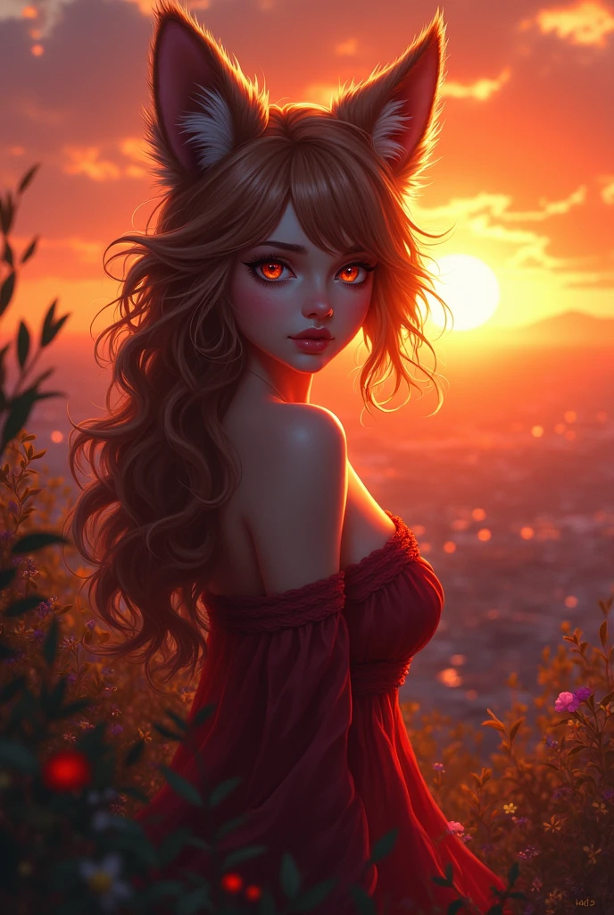 sensual gorgeous Fursona girl , colorful vivid, expresive beautiful eyes, with the sun setting in the background. Roxy Paine Loish , Anne Bachelier portrait style,intricate, highly detailed