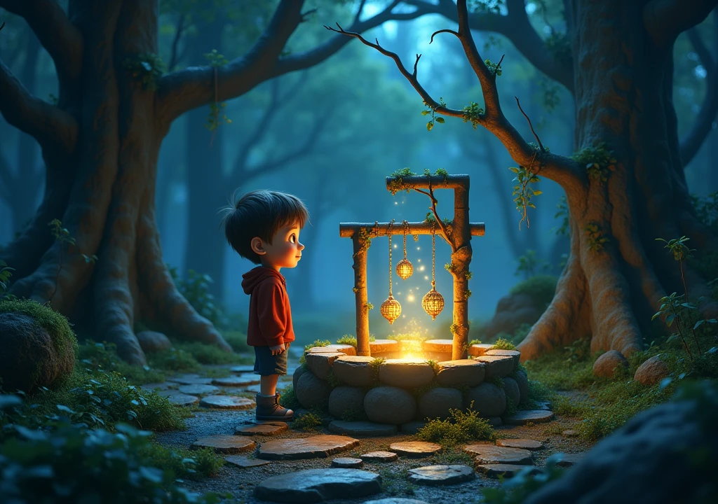 Lucas stands beside an ancient, mysterious well in the middle of a dark forest. The well is surrounded by worn stones and an eerie glow emanates from within. Lucas is excited as he makes a wish, and a golden box magically appears beside him. The box is ornate, with intricate designs, and contains the toy of his dreams. The scene captures the magical moment of his wish being granted, with vibrant colors and a whimsical, Disney Pixar-inspired style.