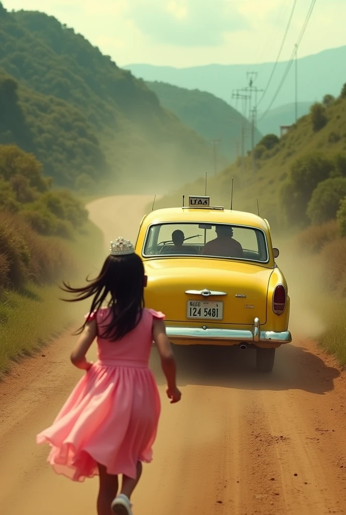 Yellow taxi with driver and passenger visible through windows, dirt road, dust on air,  girl with pink dress and tiara on her head on the street runs after the car to catch up with it, she is facing the car and with her back to open scene. The place Serra gaúcha. Remember it&#39;s a chase. Turn the car around and leave the car facing away from the scene., film the back of the car. Make it a little smaller 