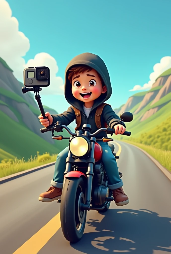A cartoon traveler boy sitting on the motorcycle view with the gopro with the selfie stick with the free road by wearing black hoodie.