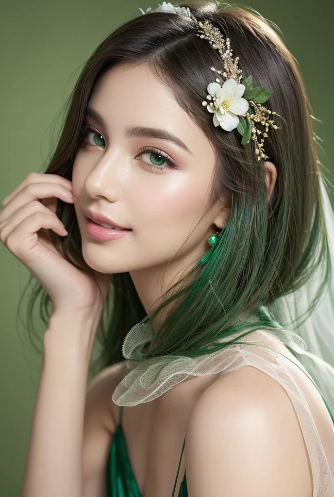 Toile tulle flower egg shell colour, egg plant colour and emerald green colour, Closeup of beautiful and highly detailed manicured hands holding a flower, a stunningly beautiful smiling sophisticated golden-eyed woman’s face, Toile tulle flower in egg shell colour, egg plant colour and emerald green colour accents, side angle, surrounded by Toile tulle flower egg shell colour, egg plant colour and emerald green colour effect, model makeup, smokey eyes, smooth flawless pale skin, stunning colour gradation between egg shell colour, egg plant colour and emerald green colour, perfectly intricate and highly detailed, outstandingly perfectly beautiful.