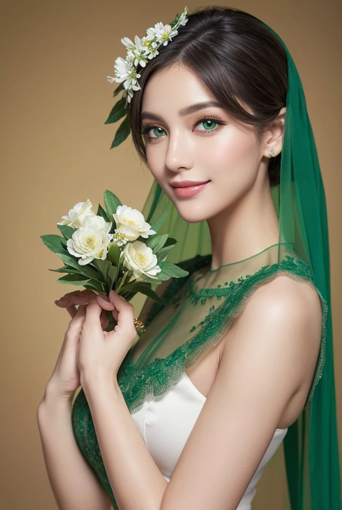 Toile tulle flower egg shell colour, egg plant colour and emerald green colour, Closeup of beautiful and highly detailed manicured hands holding a flower, a stunningly beautiful smiling sophisticated golden-eyed woman’s face, Toile tulle flower in egg shell colour, egg plant colour and emerald green colour accents, side angle, surrounded by Toile tulle flower egg shell colour, egg plant colour and emerald green colour effect, model makeup, smokey eyes, smooth flawless pale skin, stunning colour gradation between egg shell colour, egg plant colour and emerald green colour, perfectly intricate and highly detailed, outstandingly perfectly beautiful.